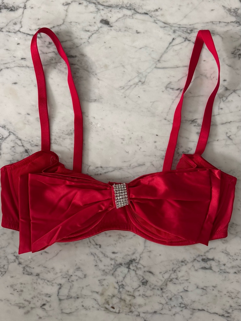 Victoria’s Secret Red Satin Underwire Bra with Rhinestone Bow Center